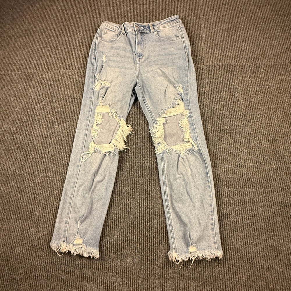 Cello Womens Size 7 High Rise Distressed Straight Leg Jeans Light Wash